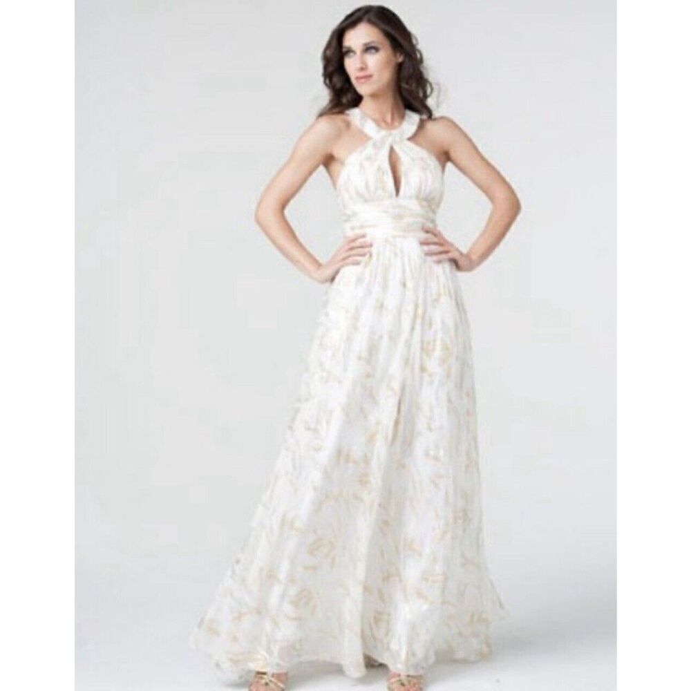 Aidan Mattox Silk Gown Maxi Long Dress In Ivory Gold Silver Metallic Size 8